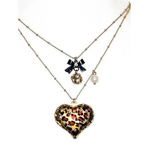 Betsey Johnson Double Chain Necklace with Leopard Heart & Bow Charms